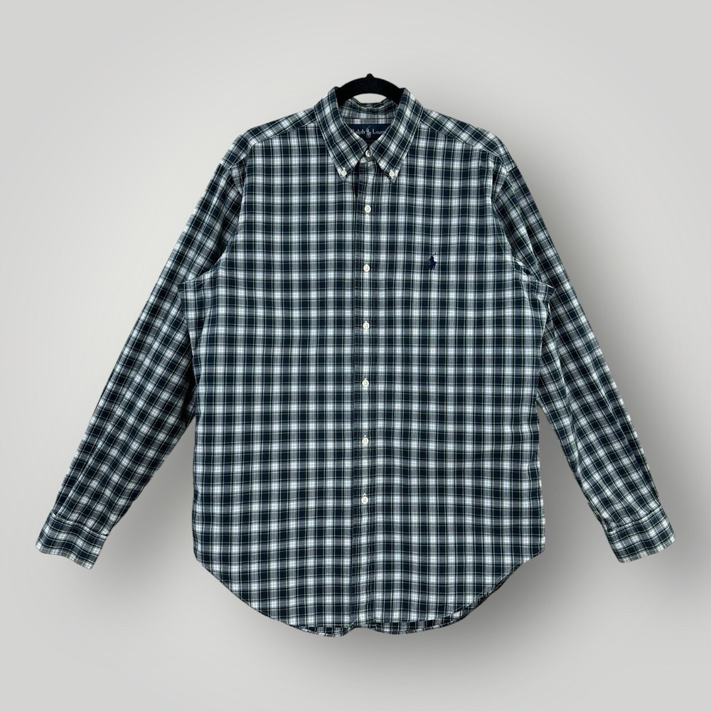 Ralph Lauren Plaid Shirt Mens M Blue Long Sleeves Cotton Classic Fit Blue Pony